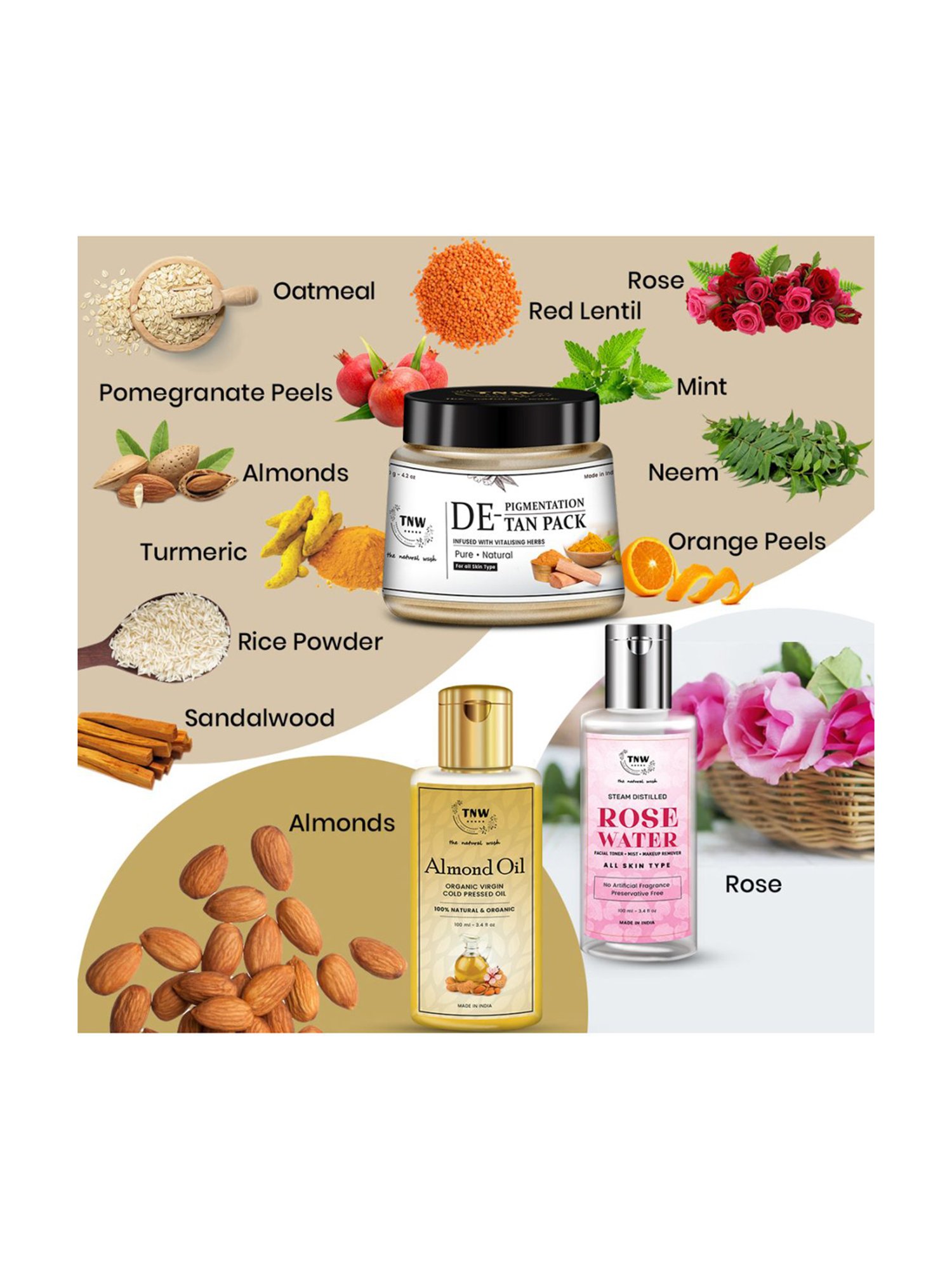 TNW-The Natural Wash Almond Oil D Tan Pack & Rose Water - 320 ml