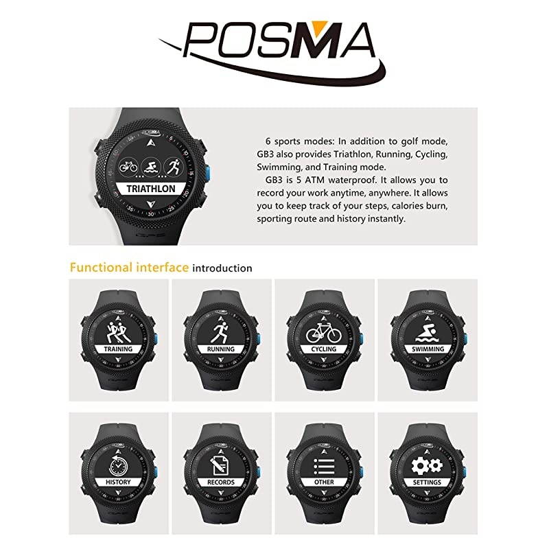 GB3 Golf Triathlon Sport GPS Watch - Range Finder - Running Cycling Swimming Smart GPS Watch - Android iOS app