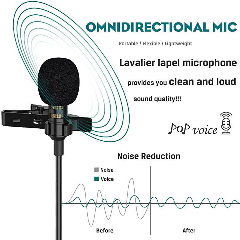 Upgraded Lavalier Lapel Microphone Omnidirectional Condenser Mic for Apple iPhone iPad Mac Android Smartphones Youtube Interview Studio Video RecordingNoise Cancelling Mic