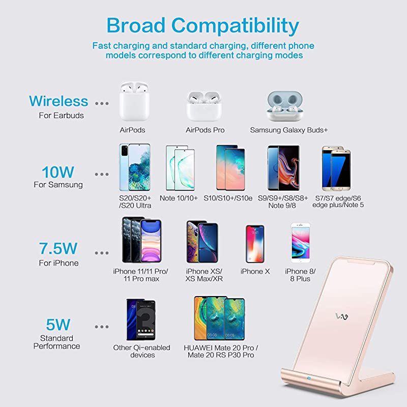 Wireless Charger Stand, Qi Certified Wireless Charging Station for 11 Pro Max/XS/X/XR/8 Plus, 10W for Galaxy S20 S10 S9 S8, Note10 Note9 and More, Aluminum Frame,USB C Charger - Golden