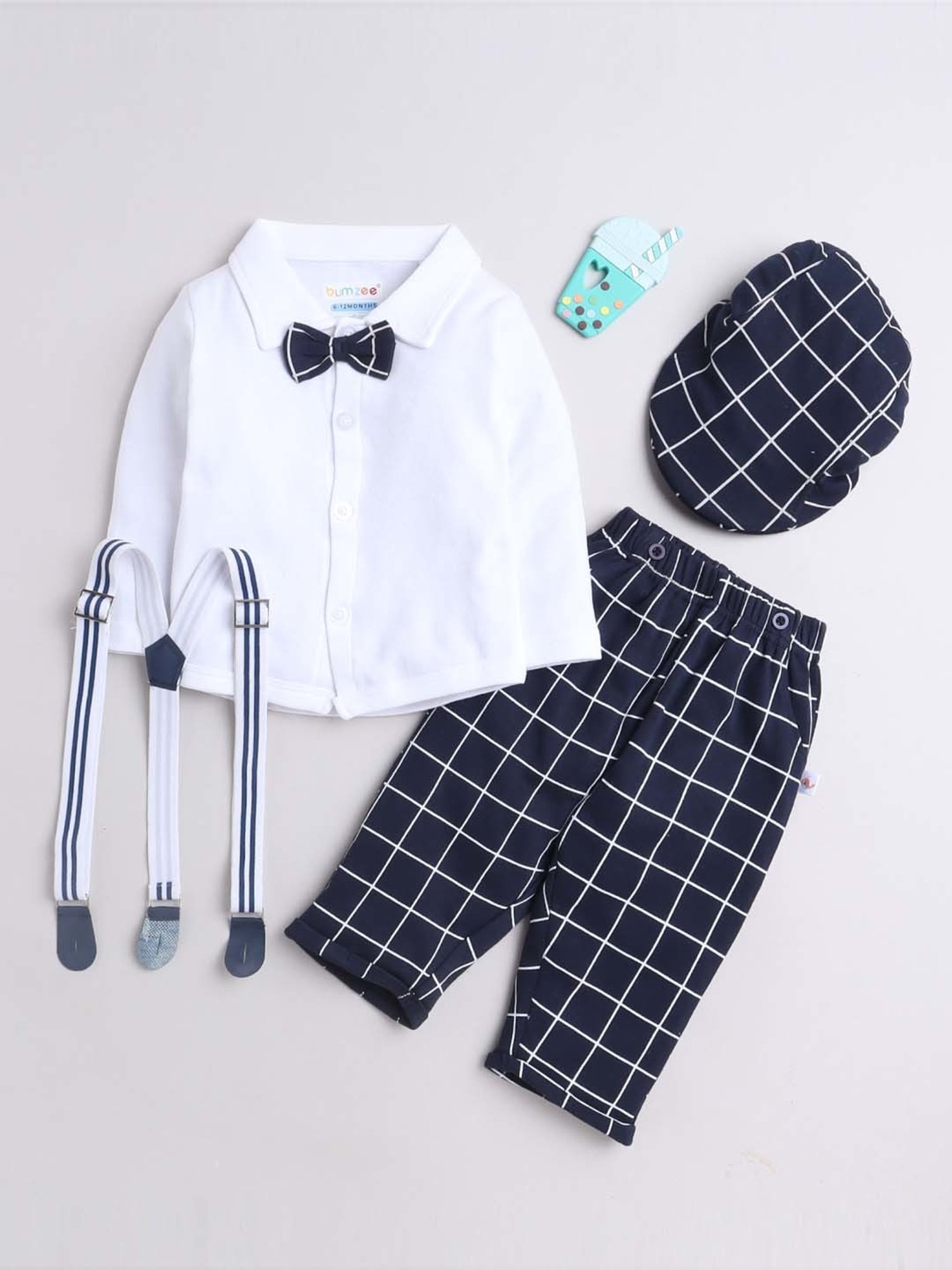 Bumzee Kids White & Navy Cotton Regular Fit Full Sleeves Shirt Set