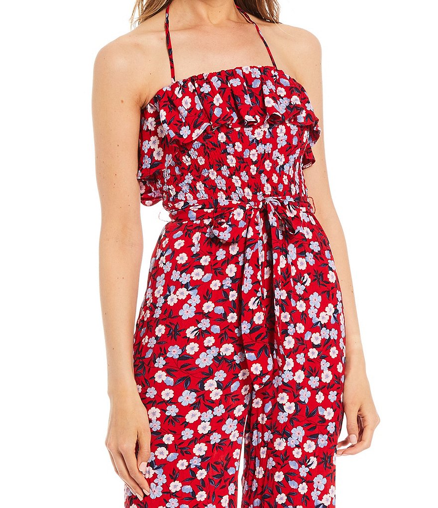 Angie Striped Strapless Smocked Bodice Ruffled Hem Jumpsuit