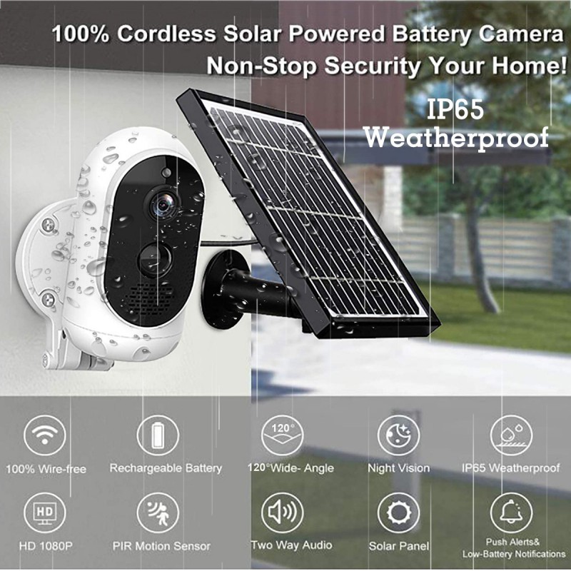 Ochine Solar Powered Wireless Home Security System, 1080P Outdoor WiFi Camera Surveillance Camera, Night Vision, Human Motion Detection, 2-Way Audio, Cloud, IP65 Weatherproof