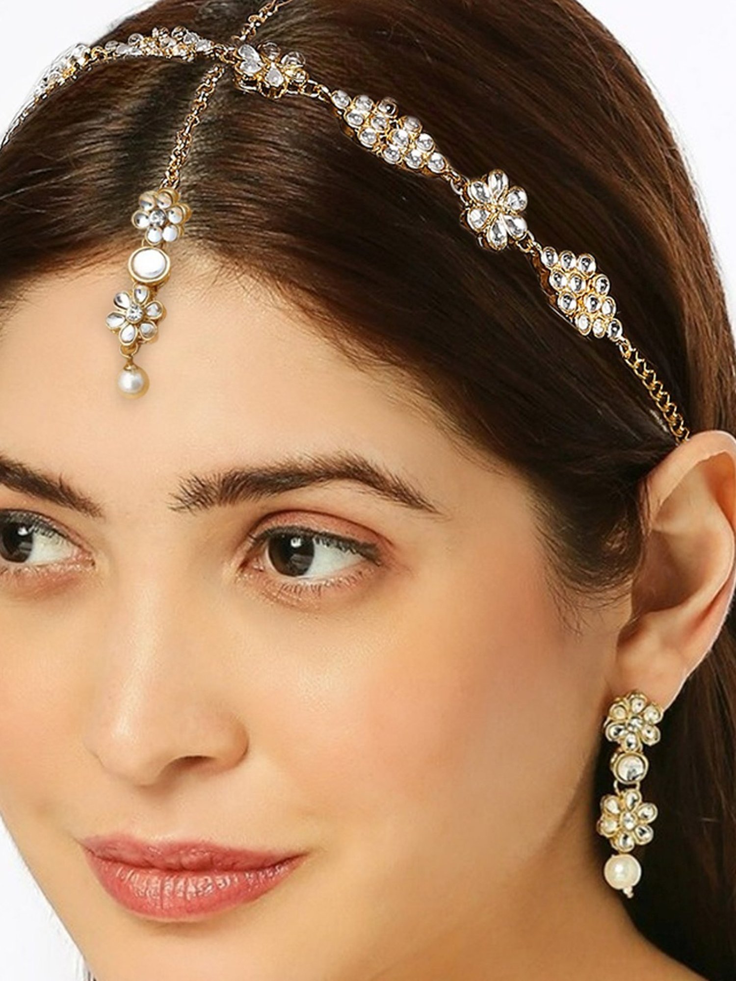 Oomph Gold Tone Kundan Earring & Matha Patti Set