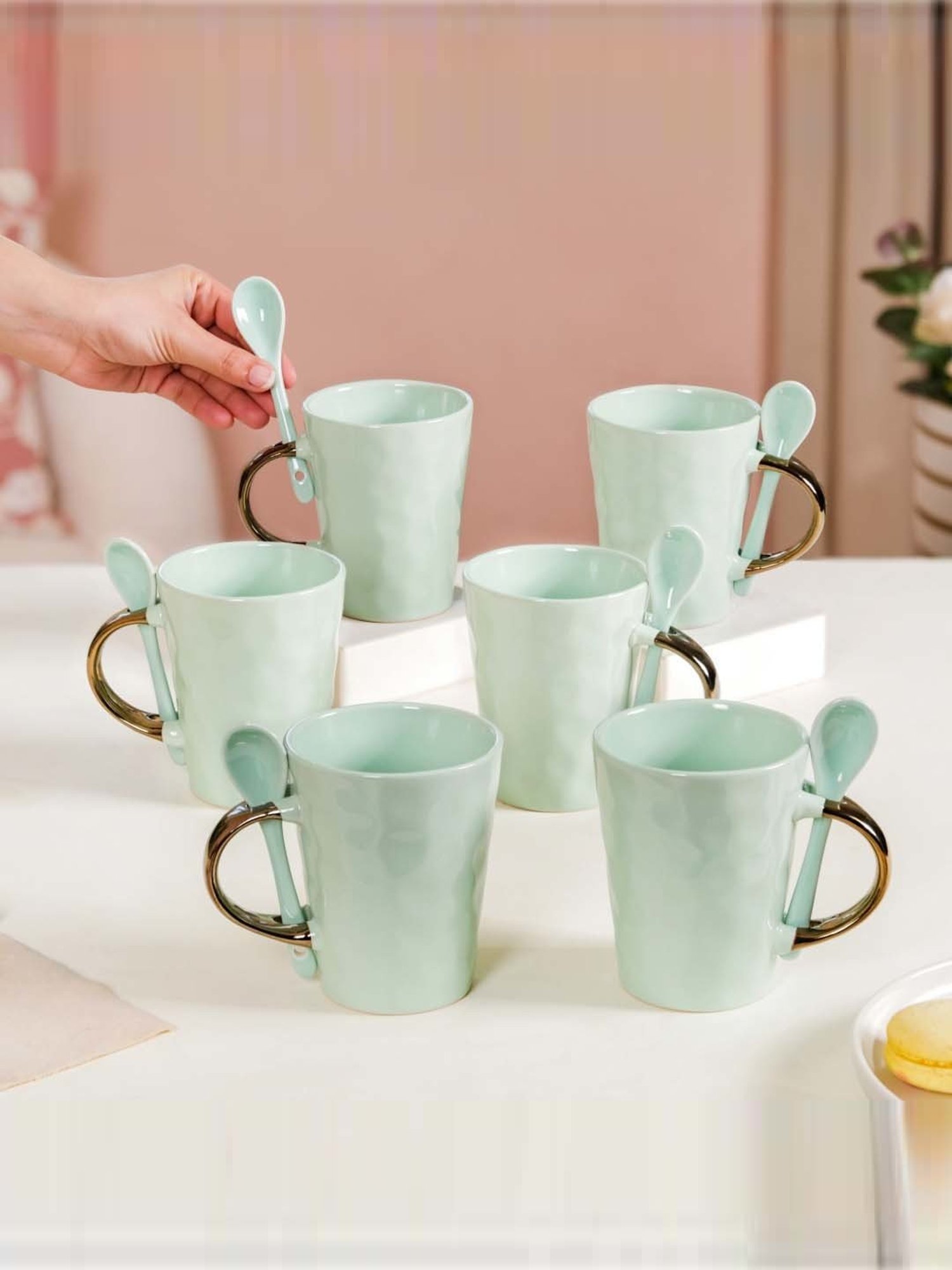 Nestasia Pebble Textured Mint Tea Cups With Spoons Set Of 6 350 ml