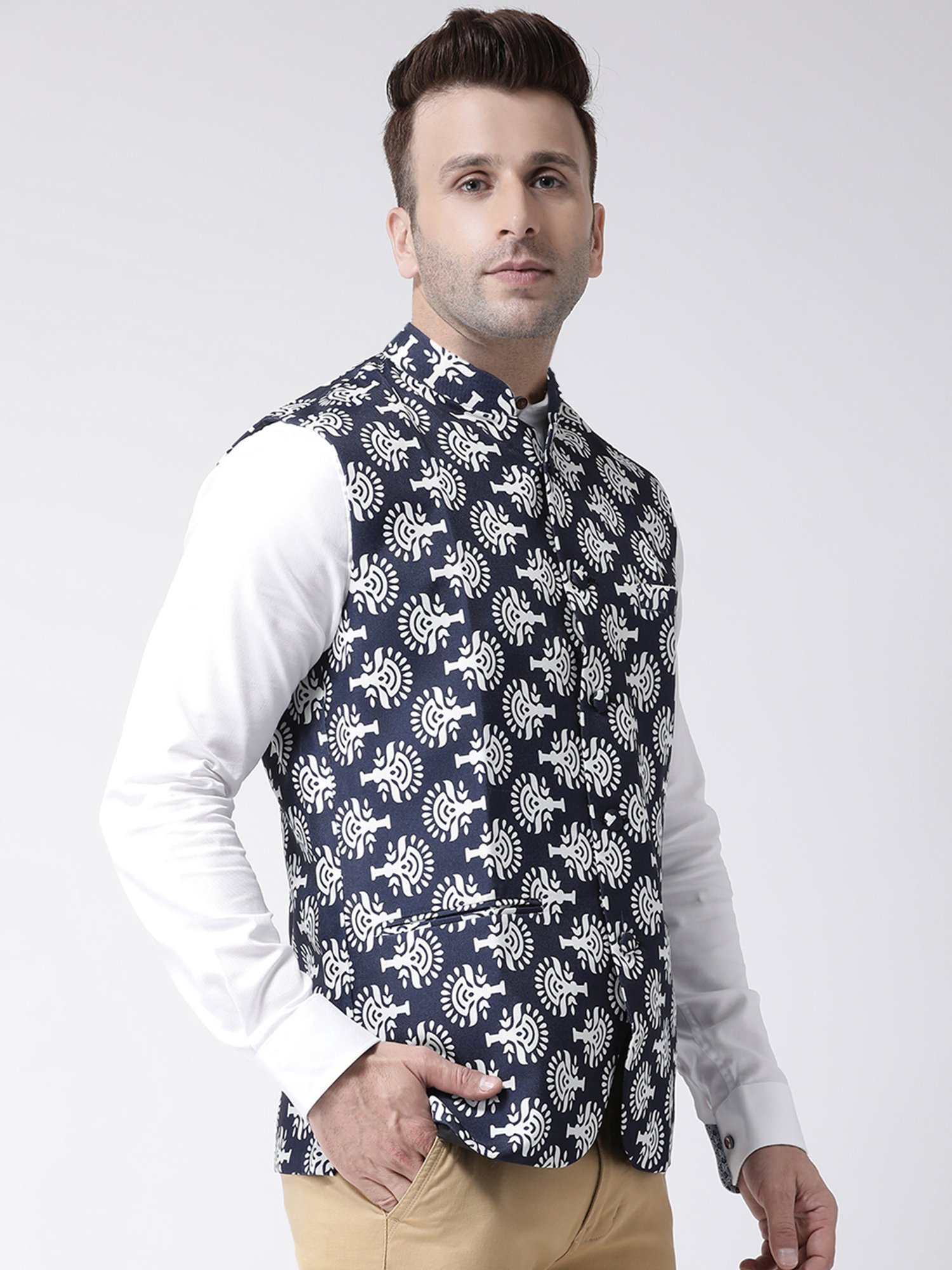 Hangup Plus Navy Regular Fit Printed Nehru Jacket