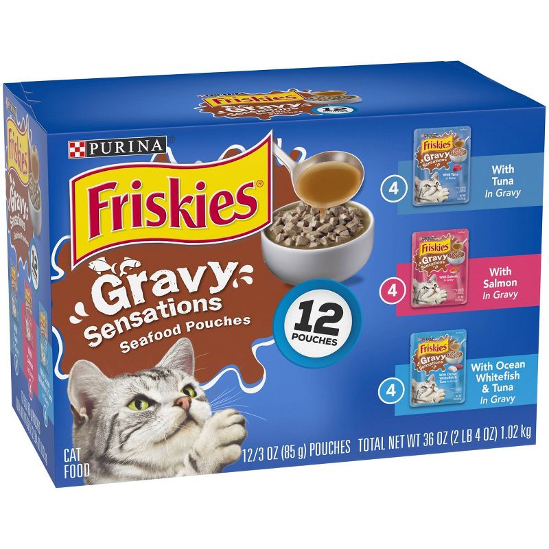 Purina Friskies Gravy Sensations Wet Cat Food Seafood Pouches with Tuna, Salmon & Whitefish - 3oz/12ct Variety Pack