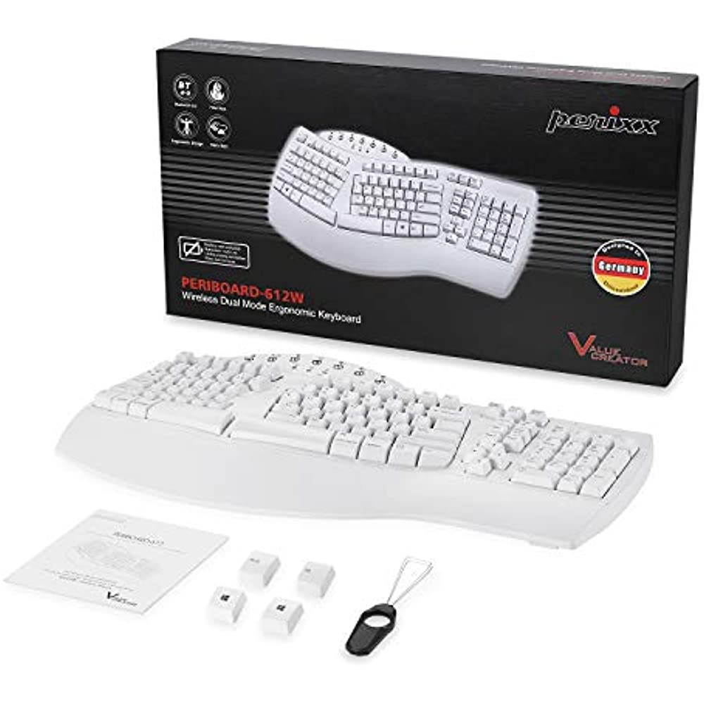 Perixx PERIBOARD-612W Wireless Ergonomic Split Keyboard with Dual Mode 2.4G and Bluetooth Feature, Compatible with Windows 10 and Mac OS X System, White