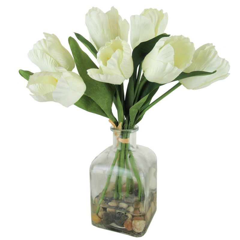 12" x 5" Artificial Tulip Faux Arrangement in Glass Jar White - LCG Florals