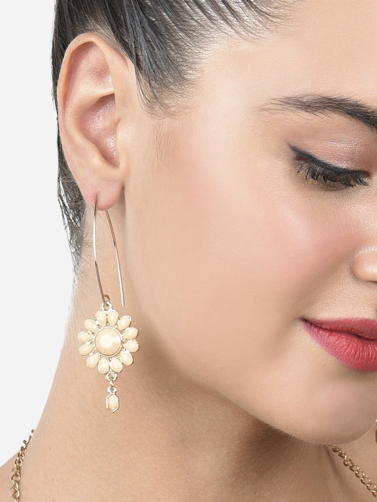 Zaveri Pearls Cream Color Stones Embellished Contemporary Drop Earring-ZPFK15152