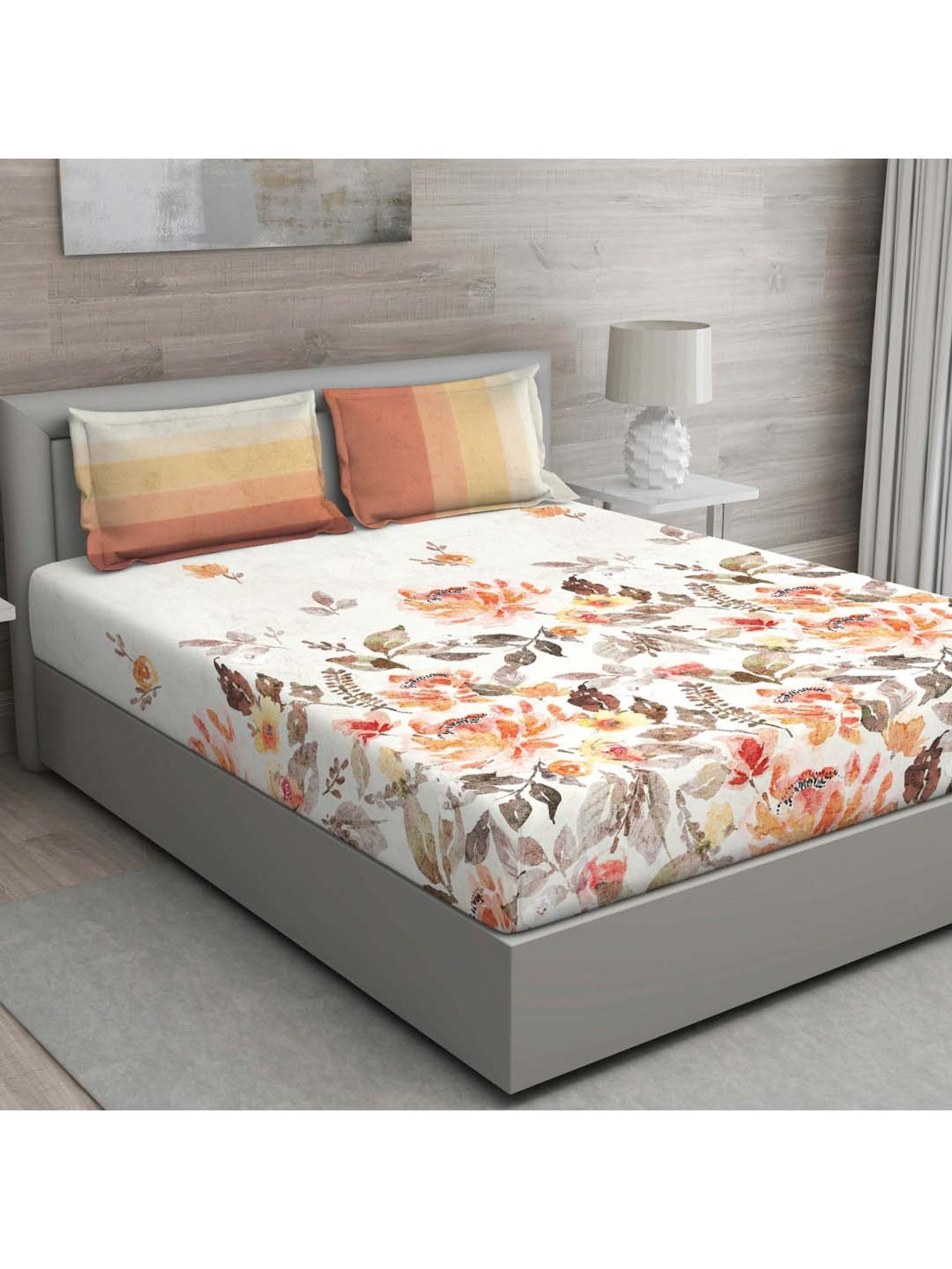 GM White & Orange 100% Cotton 144 TC Queen Bedsheet Set