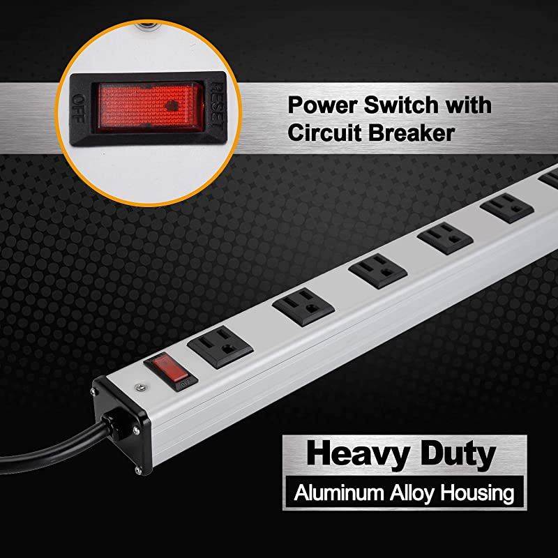 9 Outlet Wide-Spaced Metal Power Strip with 9 Foot Long Extension Cord, 15A/125V/1875W, Heavy Duty Aluminum Alloy Housing, ETL Listed, Silver