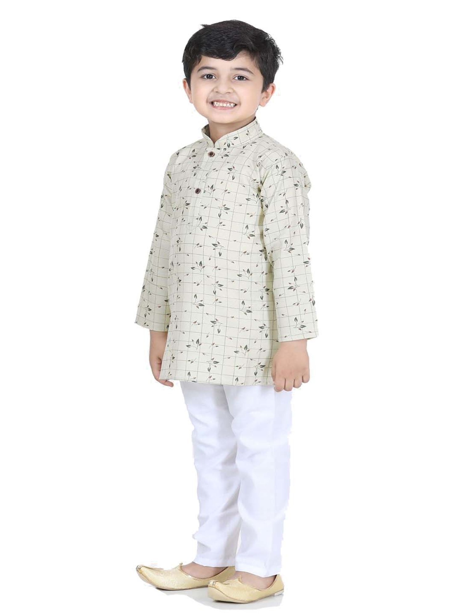 AJ Dezines Kids Beige & White Cotton Printed Full Sleeves Kurta Set