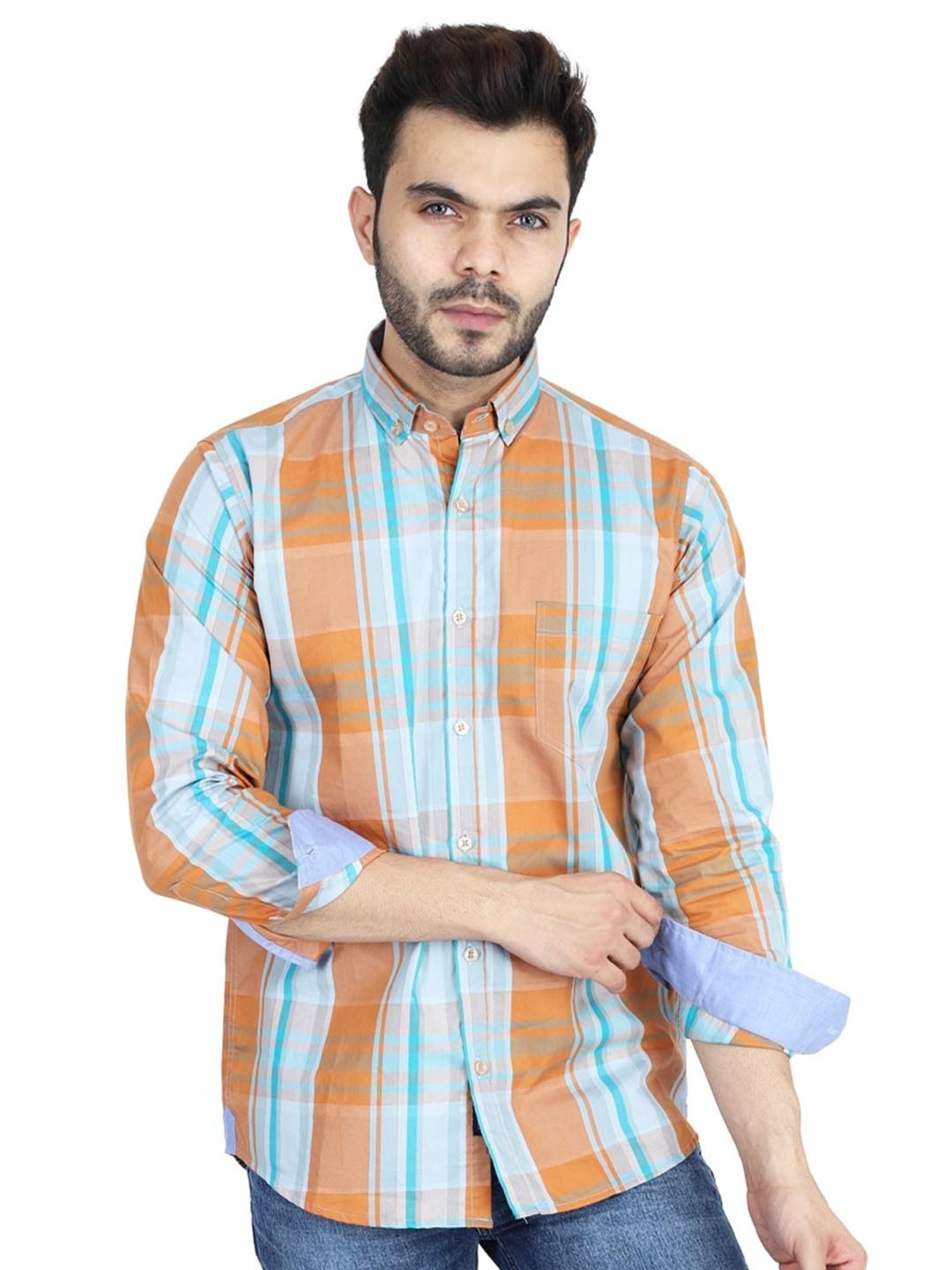 TAHVO Orange Cotton Slim Fit Checks Shirt