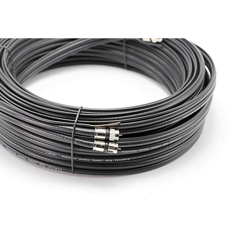 Dual with Ground RG6 Coaxial Twin Coax Cable Siamese Cable with 18AWG Copper Ground Wire Satellite Antenna CATV Quality Compression Connectors Black