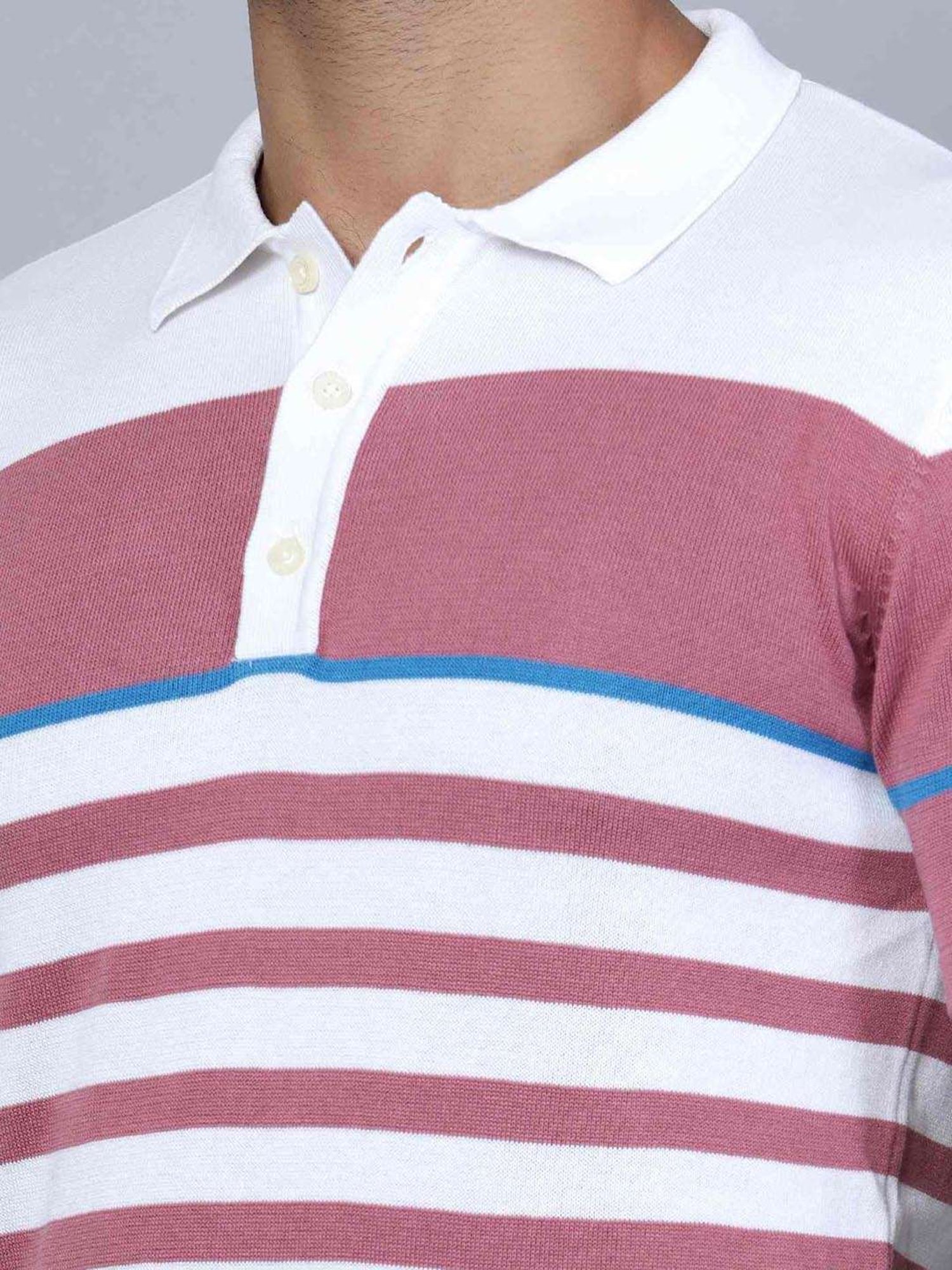 Cantabil White Cotton Regular Fit Striped Polo T-Shirt