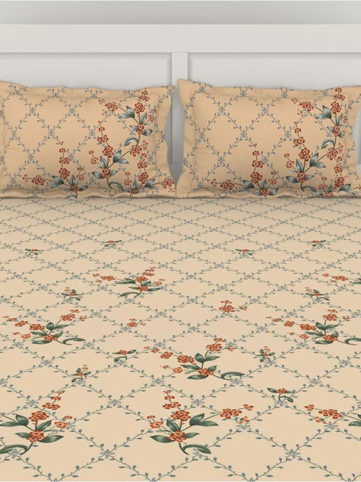 SPACES Lattice Whisper White Cotton 144 TC King Fitted Bedsheet With Pillow Covers