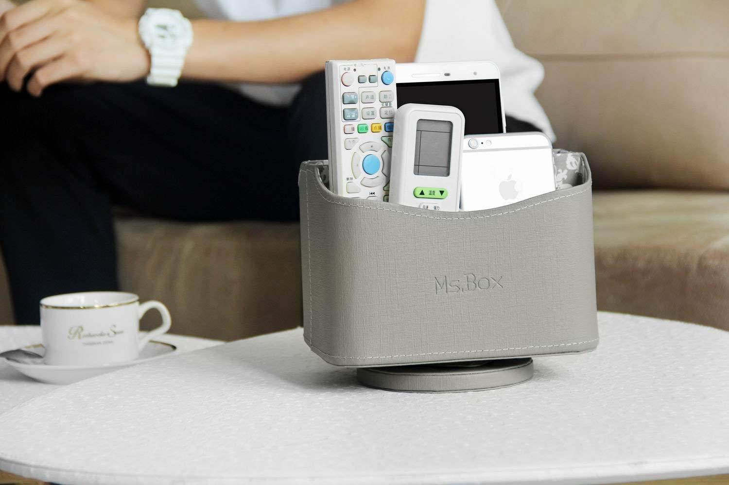 Ms.Box Media Storage PU Leather Spinning Remote Control Holder Organizer, Remote Caddy, Remote Controller Holder Soft Fabric Lining, Grey, 7.3X 5.5 x 6 inches
