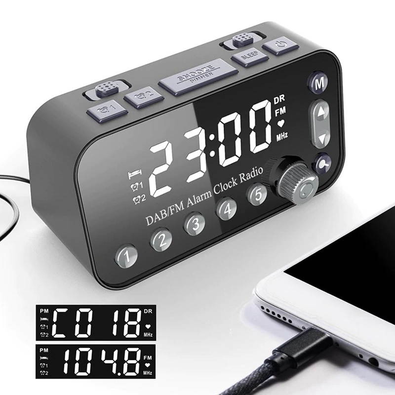 DAB Bedside Alarm Clock Radio Large Sn Dual Alarm Clock Dual USB Radio Sleep Timer FM Radio Clock