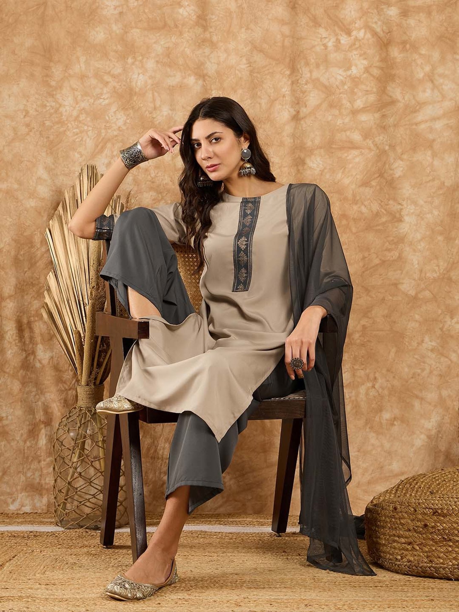 Ziyaa Beige & Grey Printed Kurta With Palazzo & Dupatta