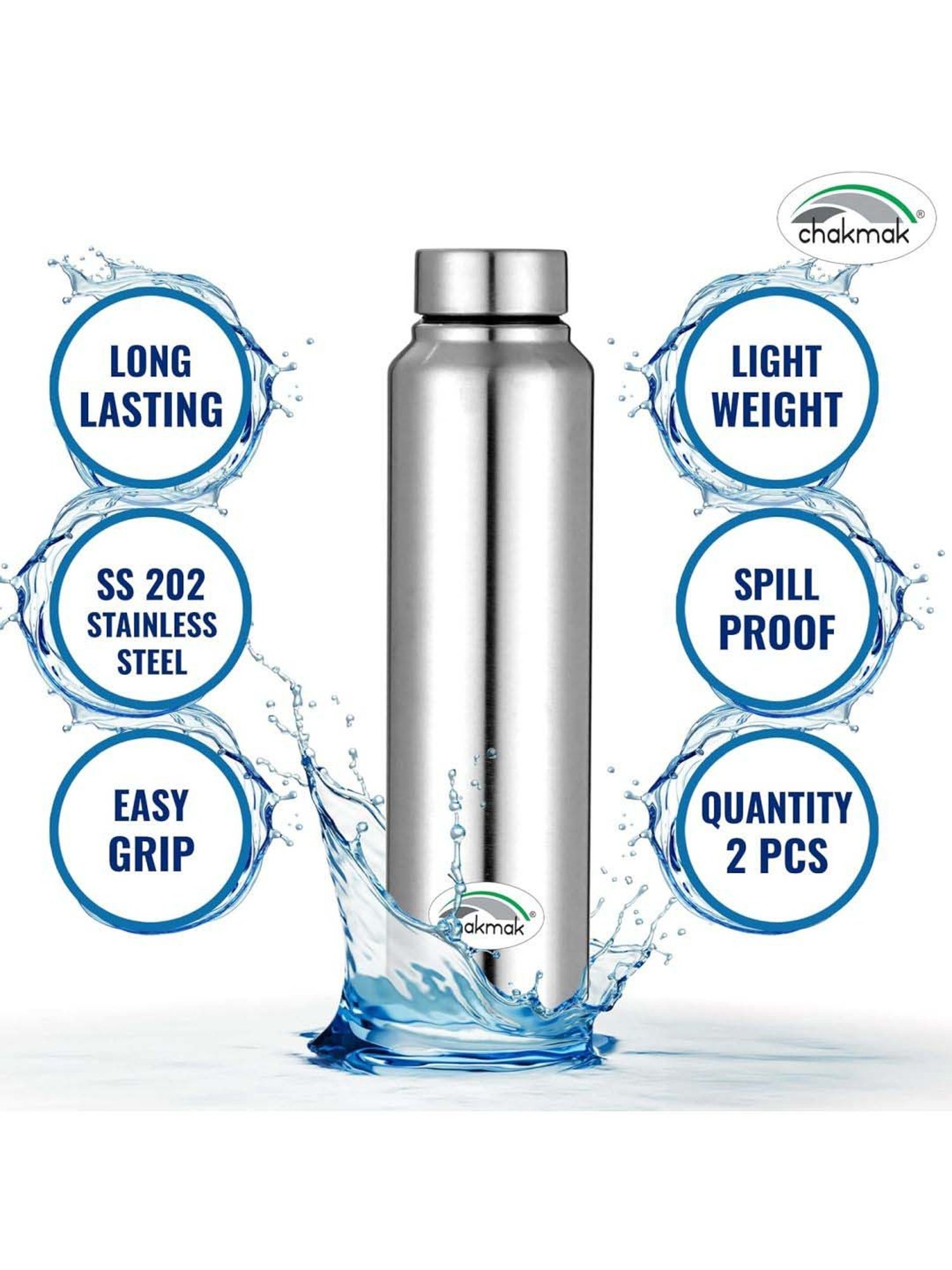 Chakmak Silver Stainless Steel Water Bottle - Set of 2