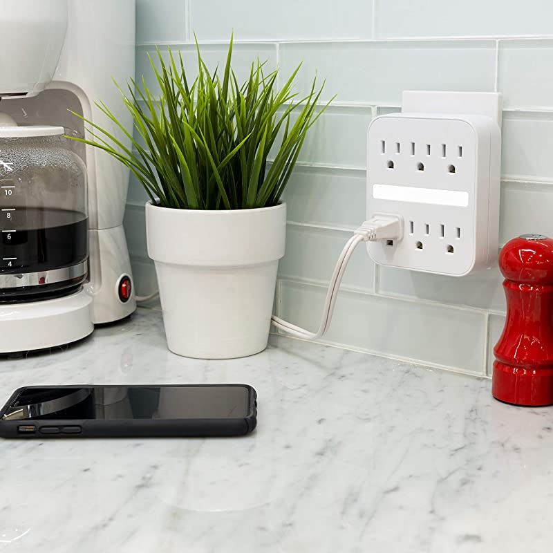 Pro 6 Outlet Sur Protector Wall Adapter with Light Sensing Night Light 3Prong Charging Station 440 Joules Protection Rating Automatic Shutdown White 41626