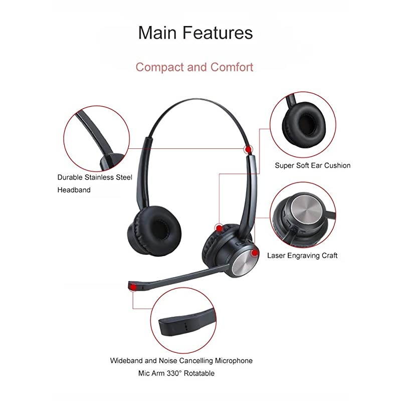 Wireless Telephone Headset with Noise Cancelling Microphone for Call Centers Office Bluetooth Headset for Cell Phone PC Skype Softphone Car Trucker Driver Over The Head with Charging Dock