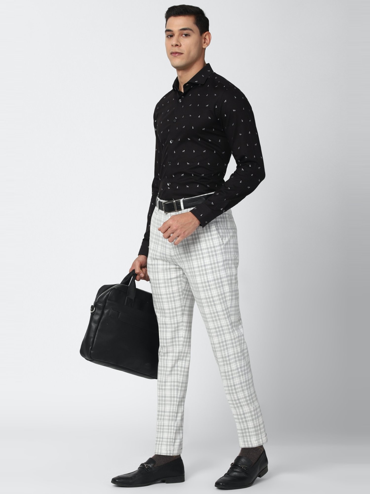 Peter England Grey & White Slim Fit Checks Flat front trousers