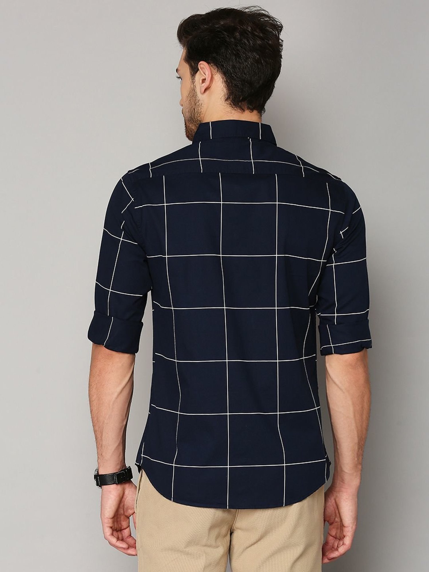 Dennis Lingo Navy Cotton Slim Fit Checks Shirt