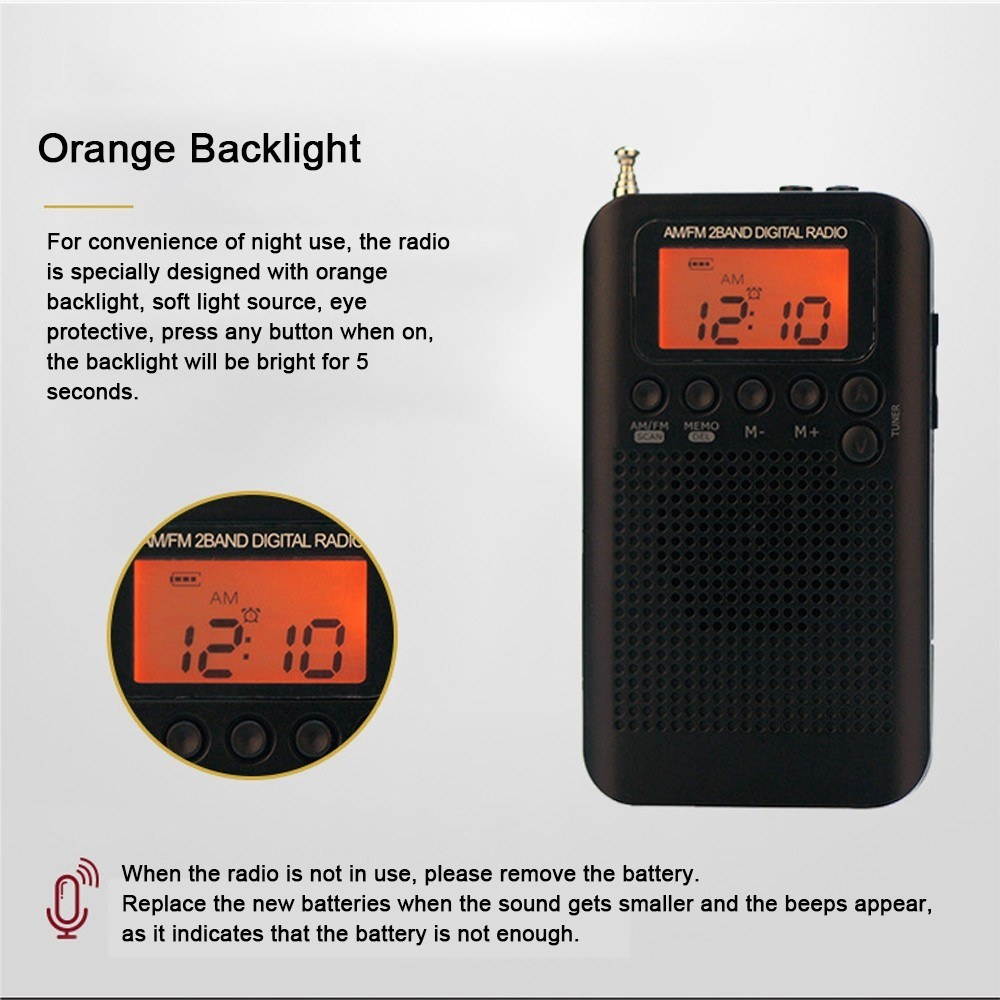 HRD-104 Portable AM/ FM Stereo Radio Pocket 2-Band Digital Tuning Radio Mini Receiver Outdoor Radio w/