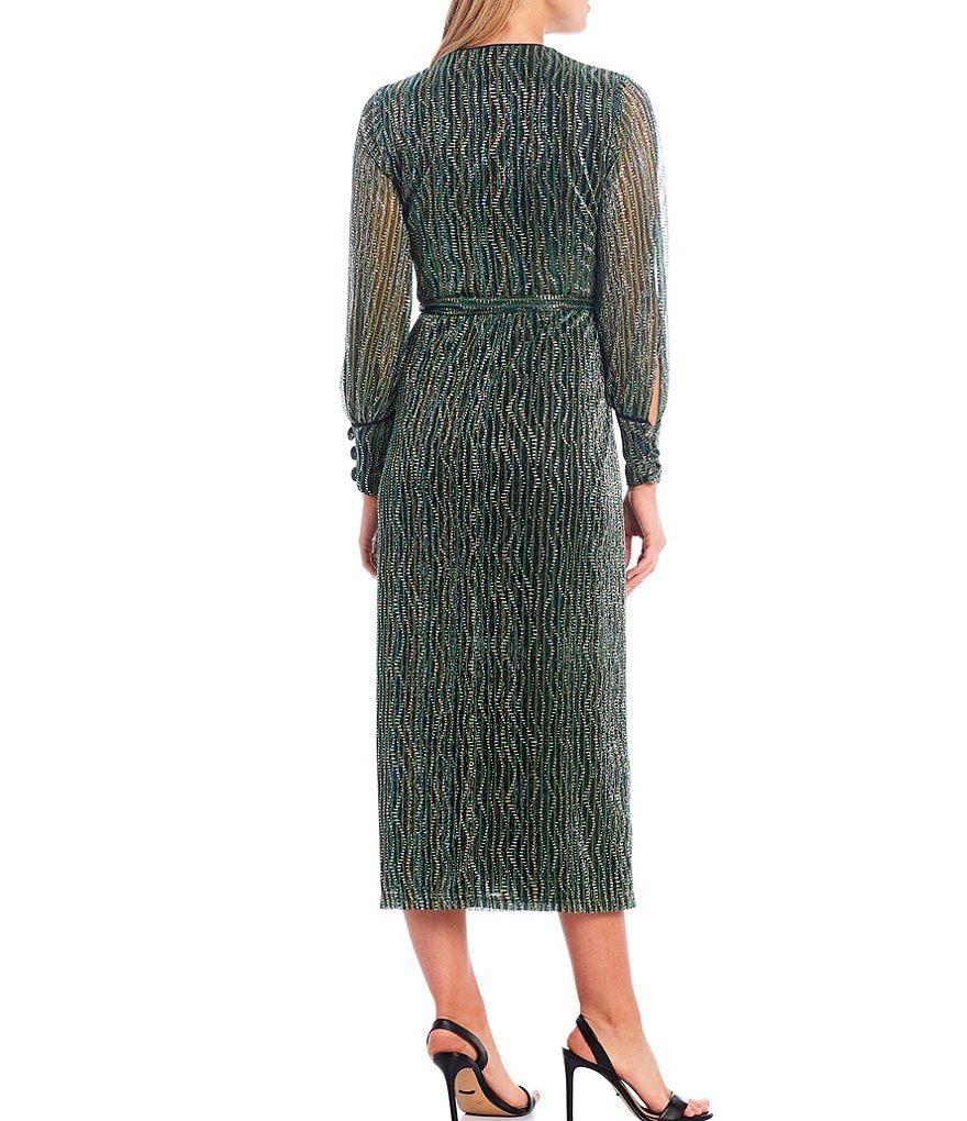 Harlyn Metallic Knit V-Neck Long Sleeve Wrap Midi Dress