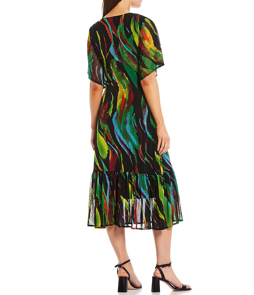 Calessa Flutter Sleeve V-Neck Brushstroke Print Mesh Midi Dress