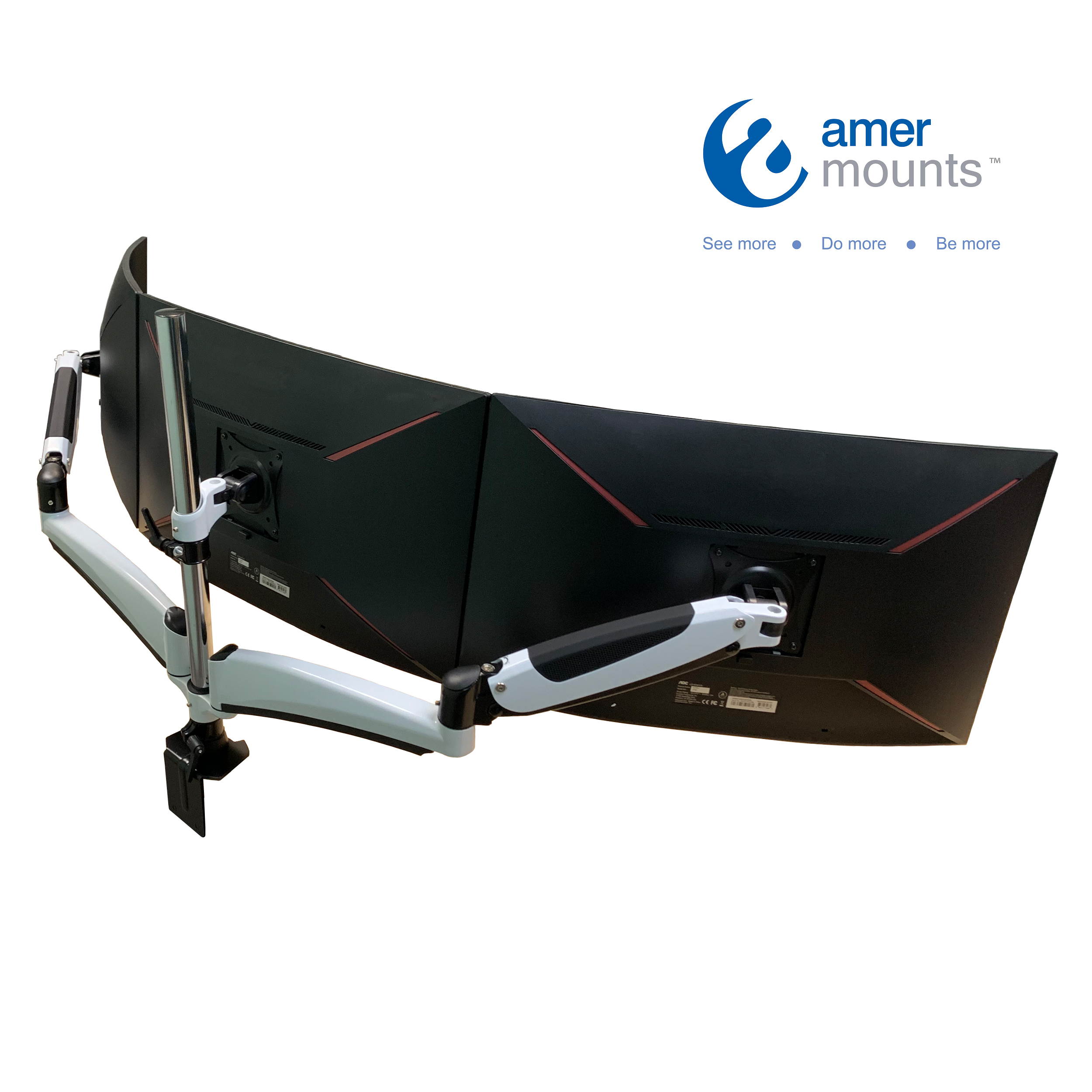 Triple articulating Monitor Mount. Supports 3 monitors 15 to 28" each. Spring Loaded arms provide flexibility in movement and monitor orientation. VESA standard
