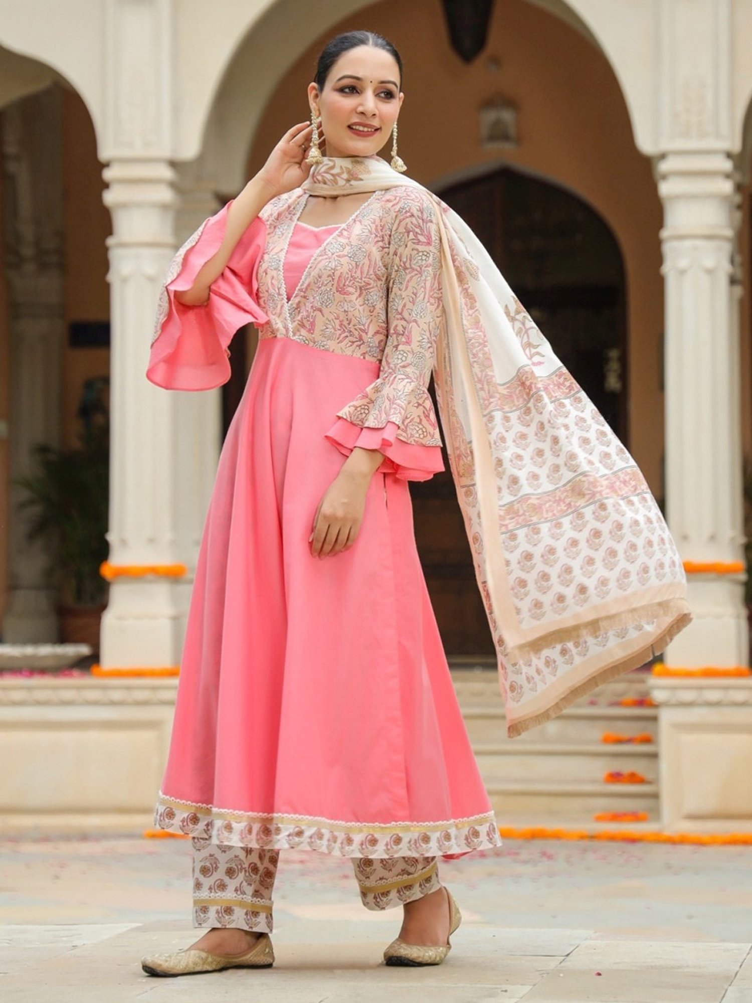 Rain and Rainbow Pink & Beige Cotton Floral Print Kurta Palazzo Set With Dupatta