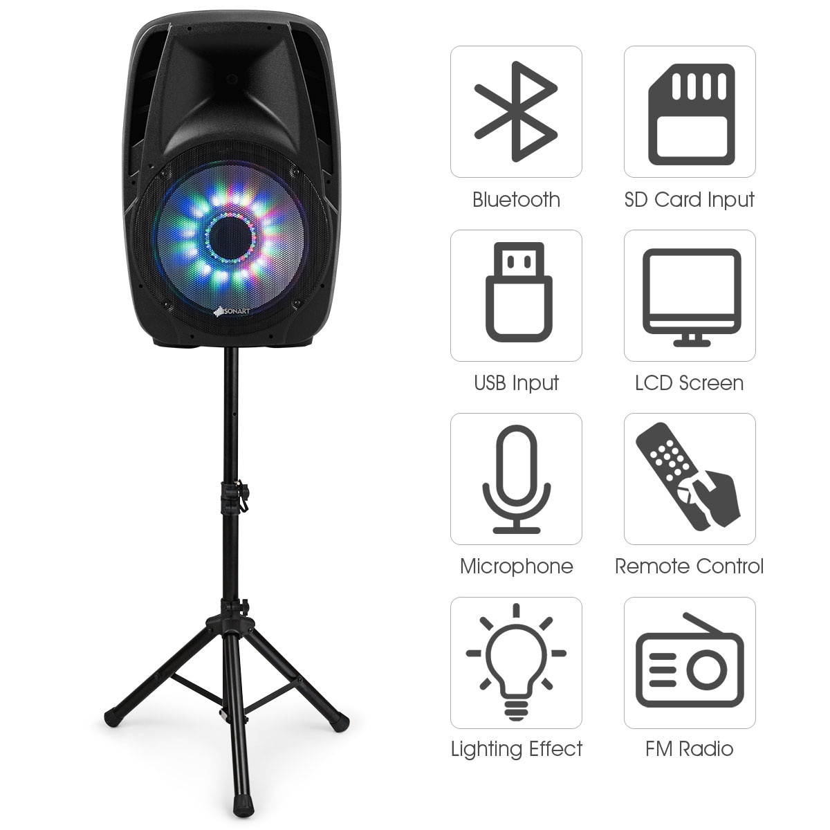 Portable 15'' 2000W 2-way Powered Speaker Bluetooth Stand w Illuminating Light