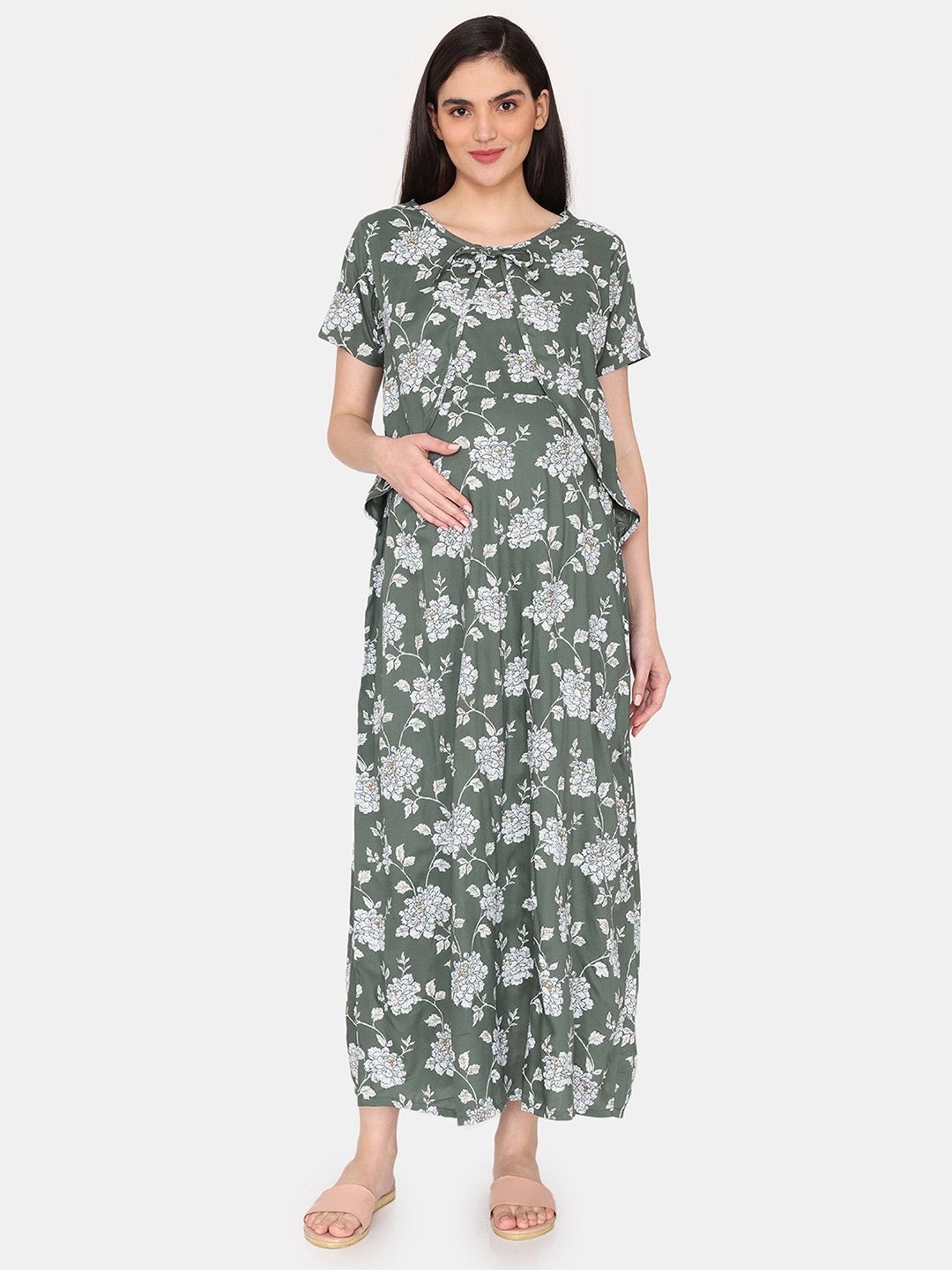 Coucou by Zivame Dark Green Printed Maternity Night Dress