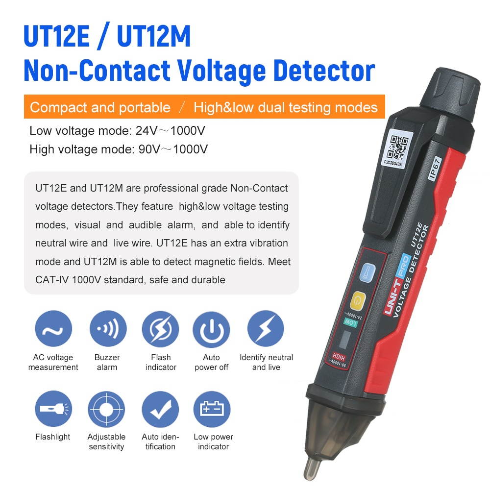UNI-T UT12E AC Voltage Detector Meter 24V-1000V Non-Contact Portable Tester Pen Socket Volt Current Electric Test Pencil with Sound and Light Alarm and LED Flashlight Vibration
