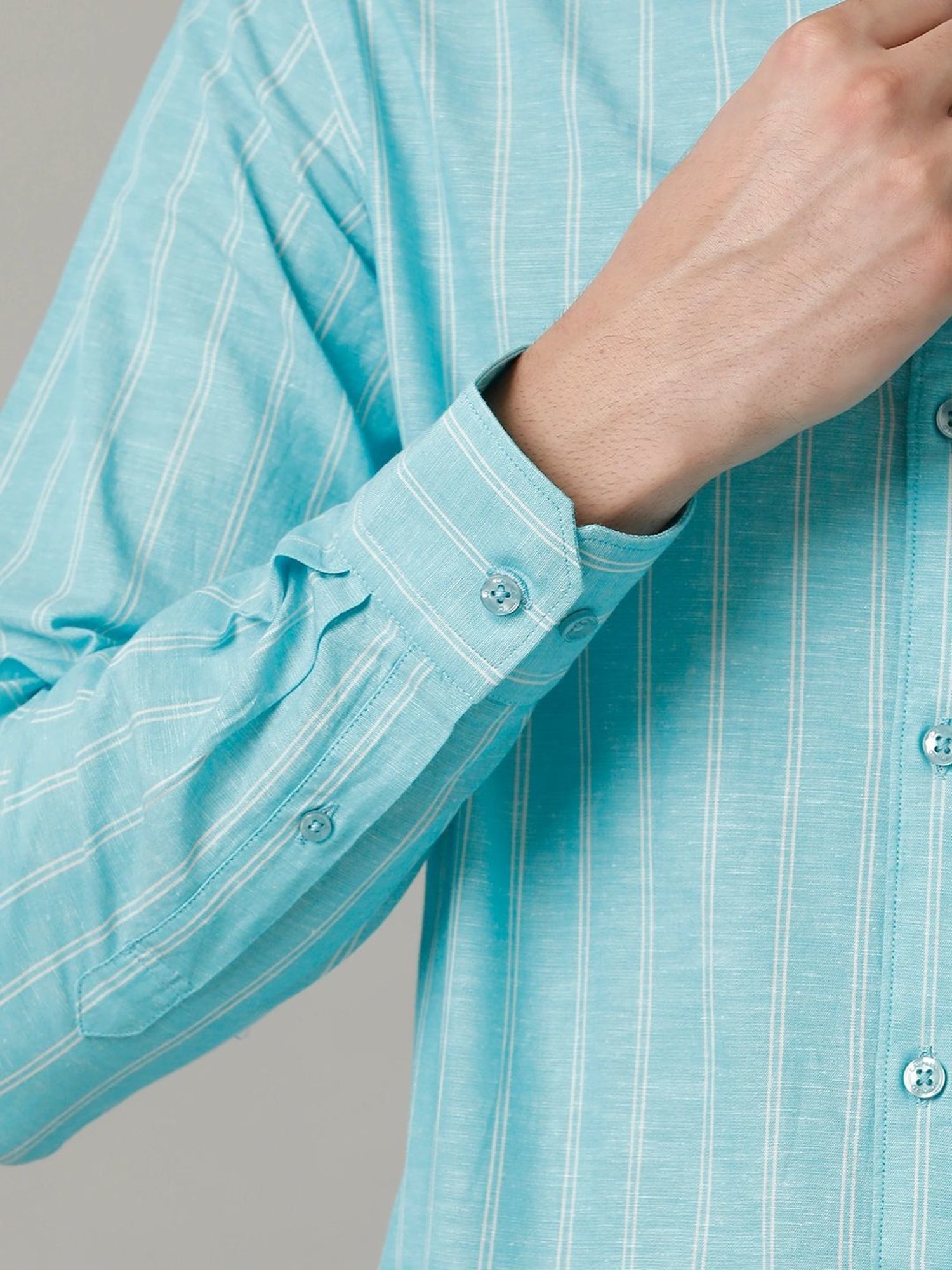 Cavallo By Linen Club Turquoise Blue Linen Contemporary Fit Striped Shirt