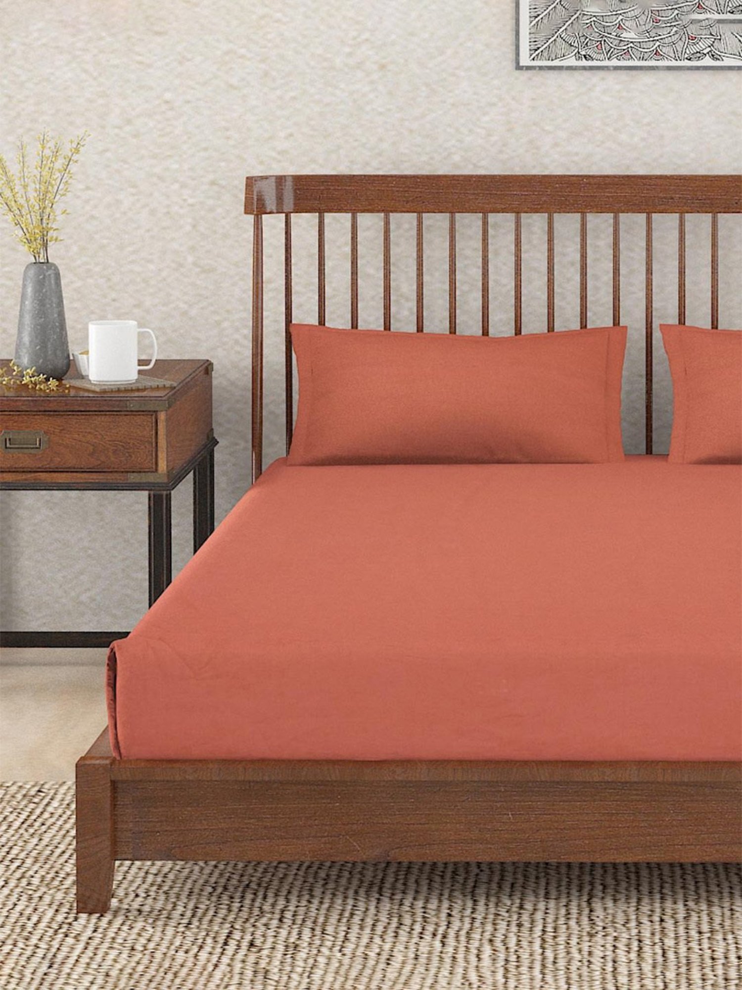 Fabindia Maroon Linen 90 TC Double Bed Sheet With Pillow Covers