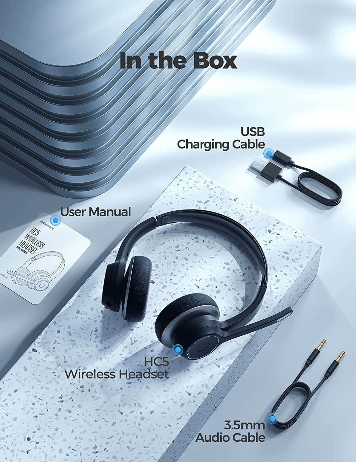 Wireless Headset with Dual Microphone Headsets with CVC8.0 Noise Cancelling Mic Mute Function Wireless 5.0 55ft Range Soft Earmuff Wired Headphones for PC Home Office Call Center Class Skype