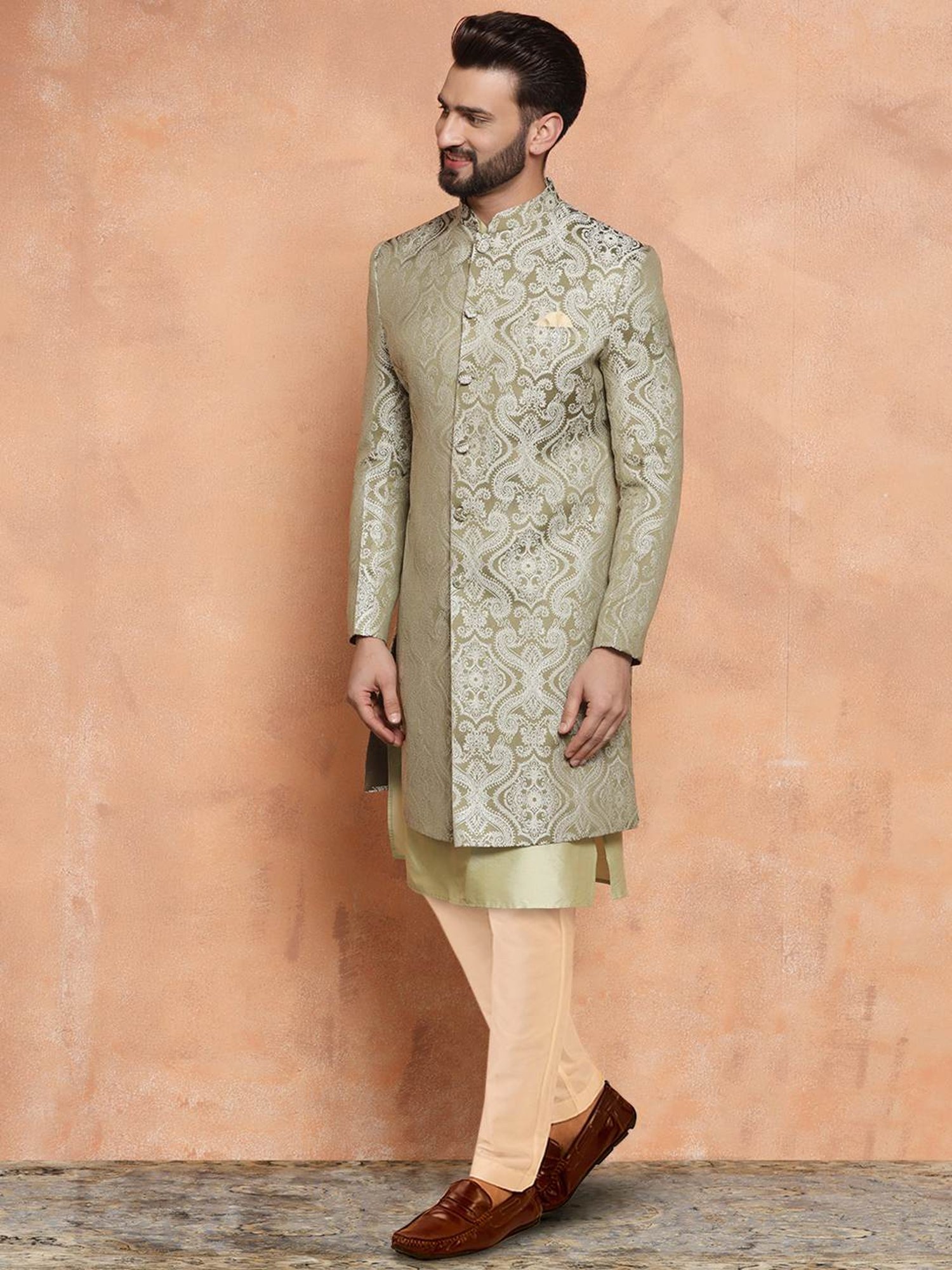 Kisah Beige & Green Regular Fit Jacquard Sherwani Set