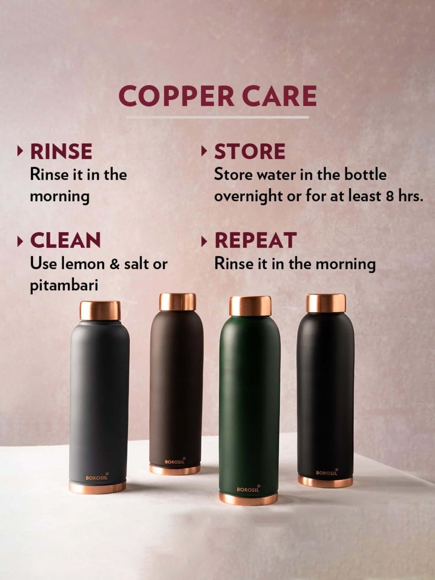 Borosil Water Bottle with 100 percent Copper & Leakproof (Brown, 1000 ml)