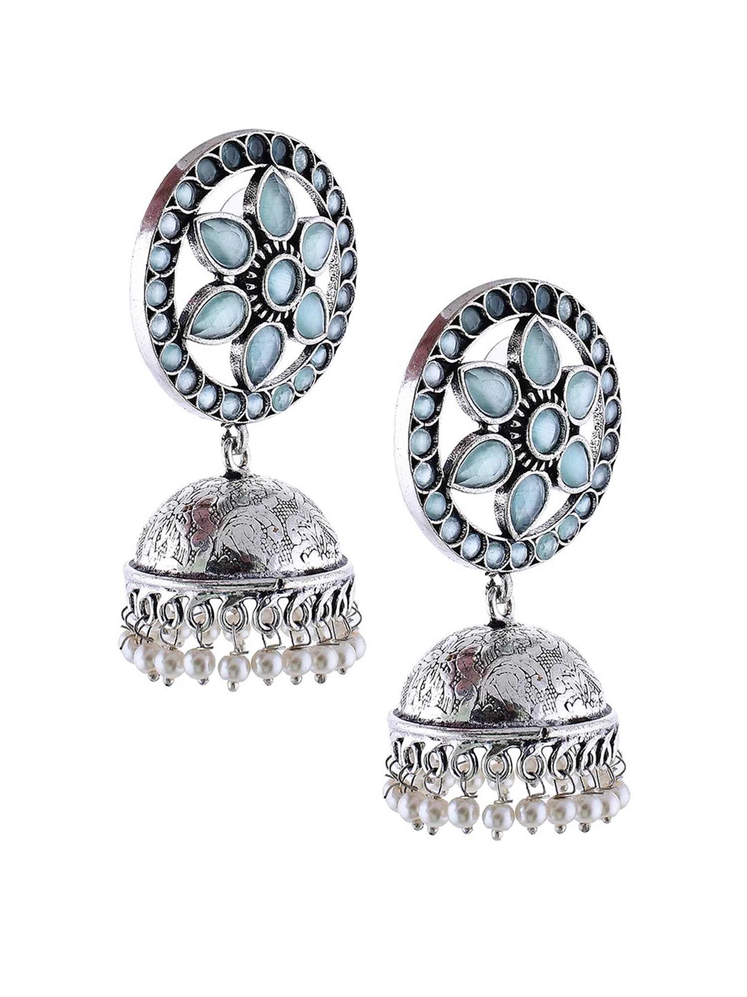 Imli Street Green-White Silver Tone Stone-Studded Handcrafted Jhumki Earrings