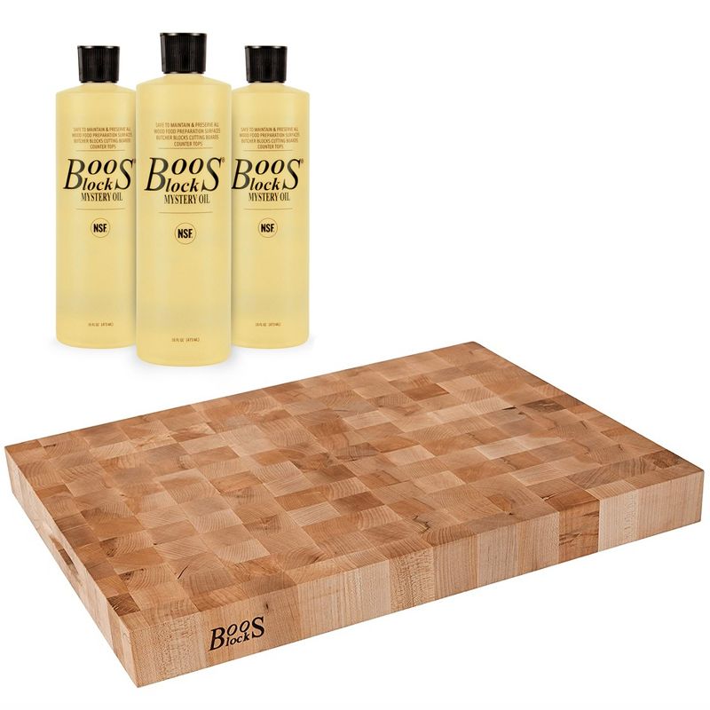 John Boos Block 24 x 18 Inch Reversible End Grain Wood Chopping Block Bundle with 16 Ounce Mystery Oil Butcher Block Board Maintenance Oil (3 Pack)