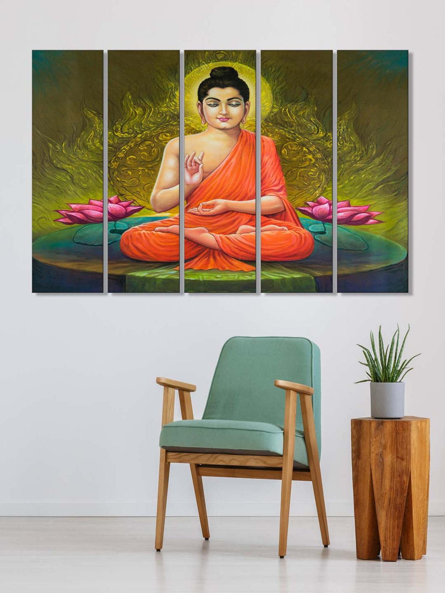 999Store Green & Orange Meditating Buddha Art 5 Frame MDF Paintings