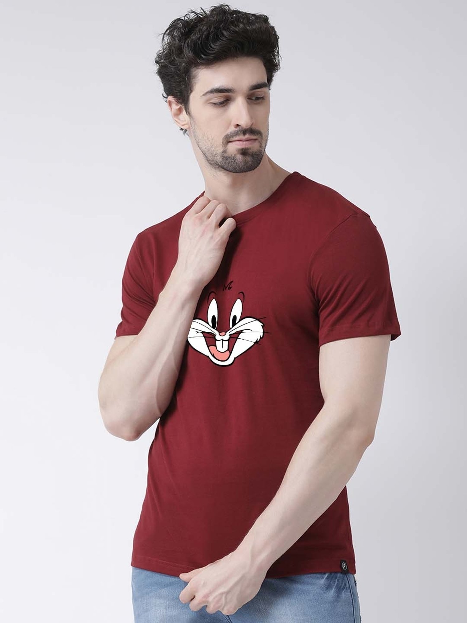 Friskers Maroon Cotton Slim Fit Printed T-Shirt