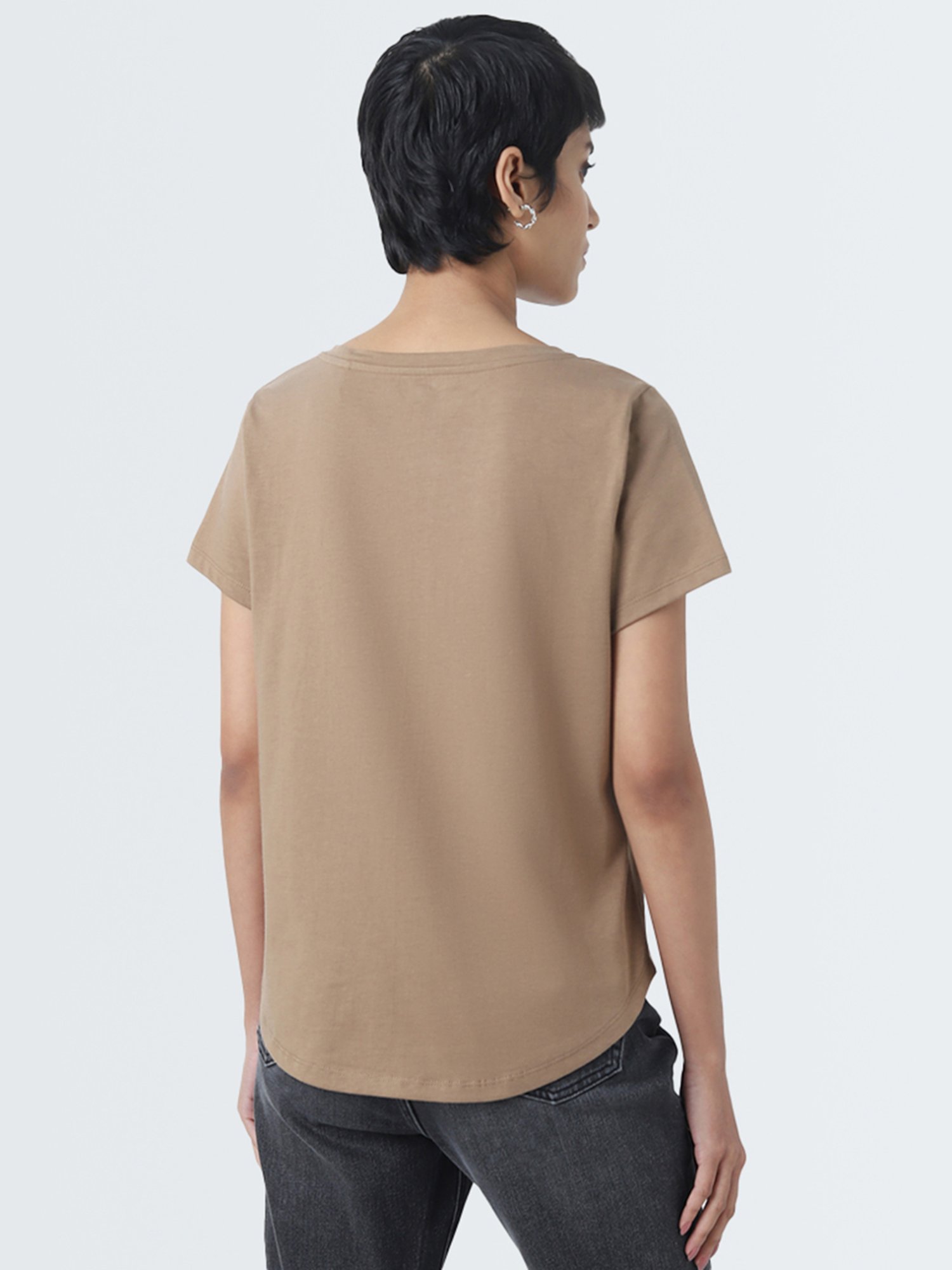 LOV by Westside Taupe Floral Design Cotton T-Shirt