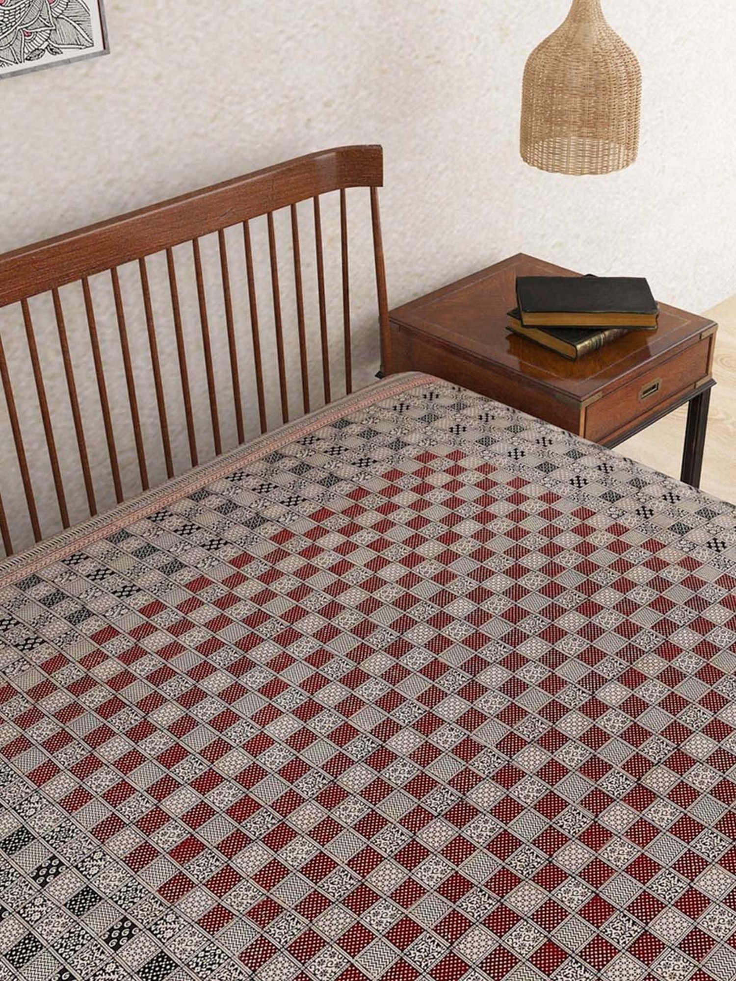 Fabindia Home Baghni Maroon & Black 125 TC Cotton Double Bed Cover