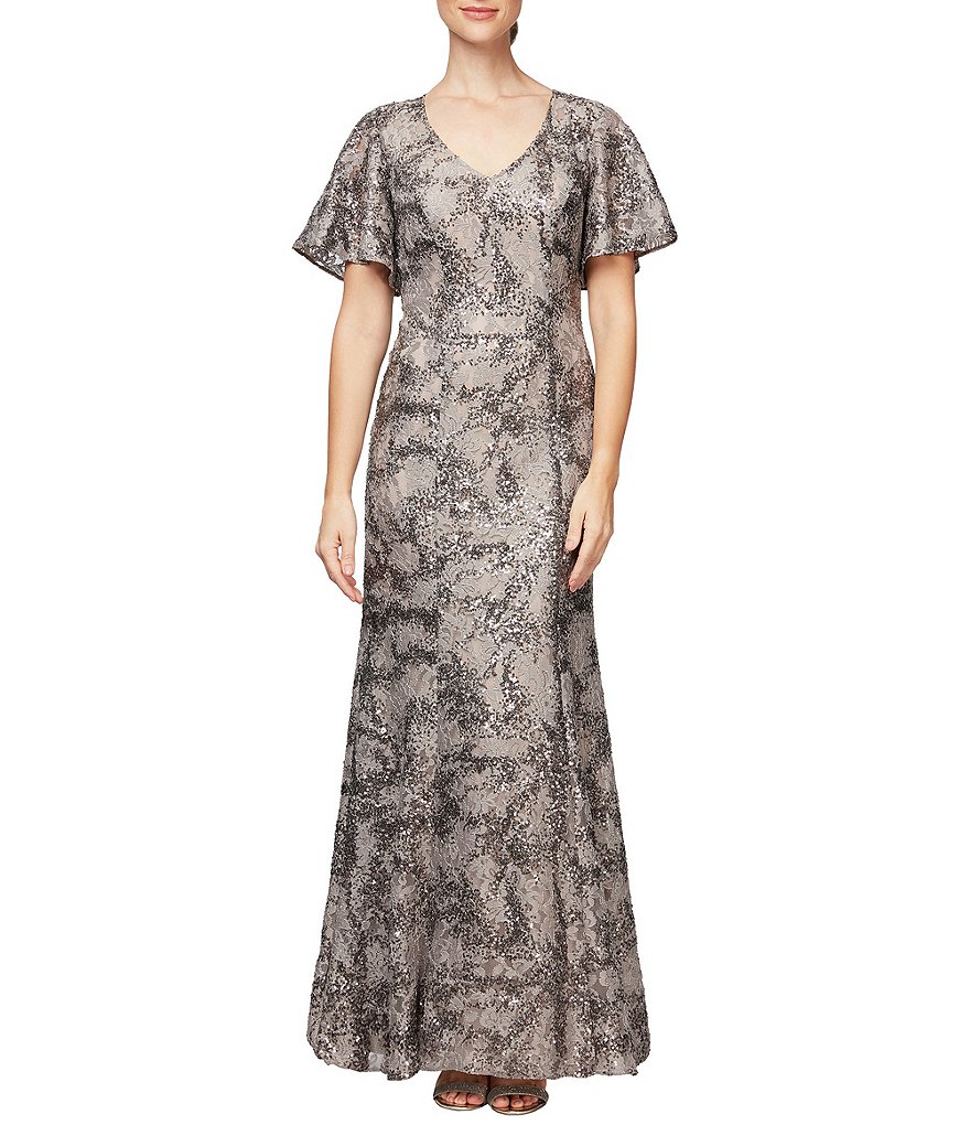 Alex Evenings V-Neck Flutter Sleeve Sequin Lace Gown
