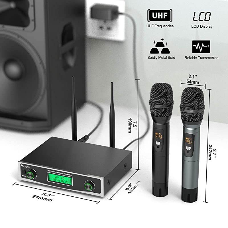 Microphone SystemFifine Two Handheld Dynamic Cordless Mic and Dual Channel Receiver 50 Selectable UHF Frequency for Karaoke Singing PartyChurchDJWeddingSchool PresentationK040
